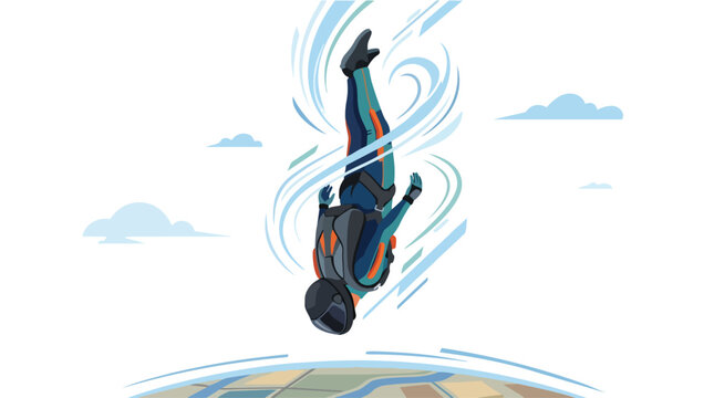 Skydiver freefalling head down in a stylized artistic illustration.