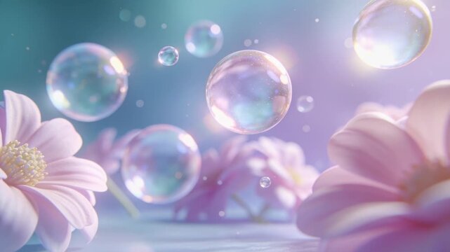 Emerging from background, iridescent soap bubble drifting between two pink daisy flowers in studio