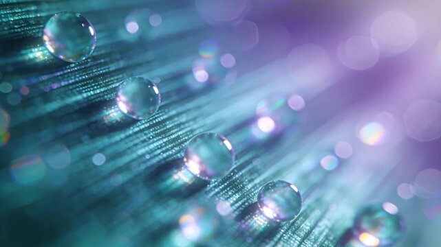 Shifting camera focus moving highlights across diagonal drops on teal fibers revealing purple bokeh