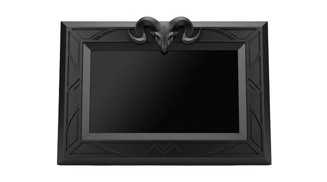 Black ornate picture frame with a ram head sculpture on top isolated on transparent background