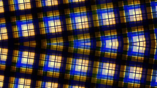Geometric kaleidoscope pattern with transparent layers creating a symmetrical mosaic of blue yellow and black squares and intersecting lines