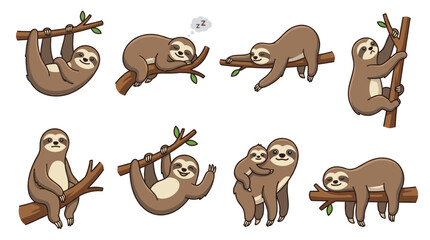 Fototapeta premium Cartoon sloths in various poses and situations, including sleeping, hanging, climbing, and with a baby, representing lazy and cute slow wildlife animals set on branches