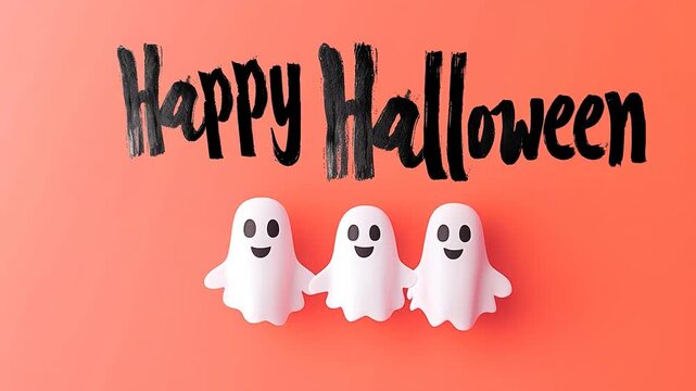 An AI-generated video of three cheerful ghosts dancing on a flat orange background, celebrating Halloween in a playful and spooky atmosphere, featuring the text "Happy Halloween."