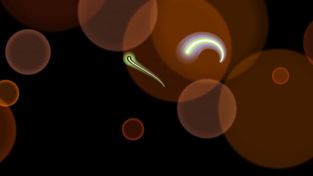 Green glowing arabic letter waw with light trail on abstract brown and blue bokeh circles background; artistic fantasy style illustration
