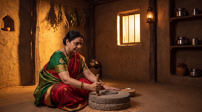 rural Indian woman in a traditional sari manually grinding grain with a stone mill