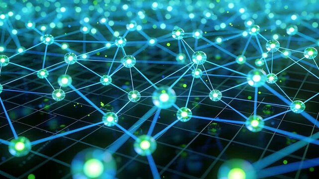 Moving camera revealing pulsing mesh of glowing nodes and green motes on dark grid scanning network