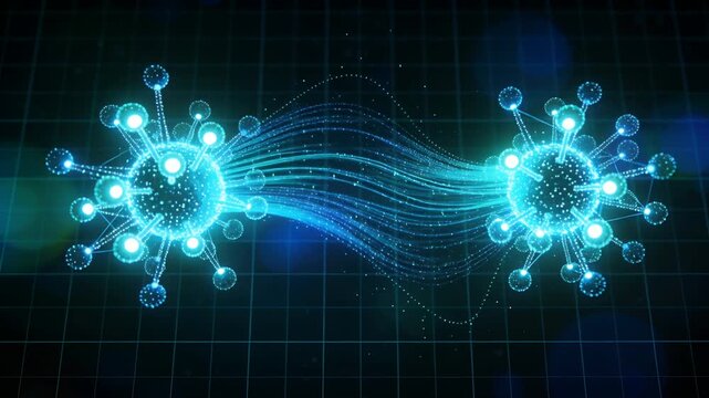 Pulsing two lit orbs sending dots across grid as linking strands forming wavy bridge showing flow