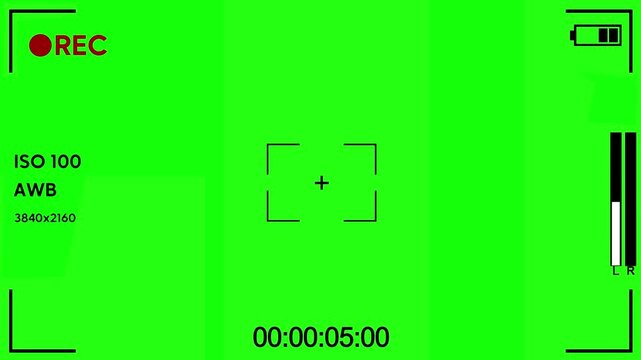 Green Screen Camera Viewfinder Recording Overlay with REC Frame, Battery, Timecode and Focus Marks in 4K Chroma Key