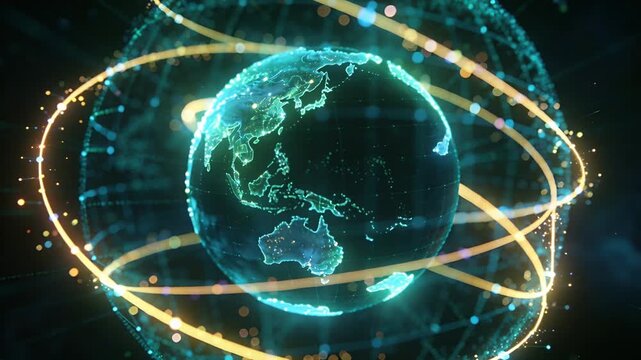 Rotating digital globe on intro at center, displaying Asia and Australia data with golden rings