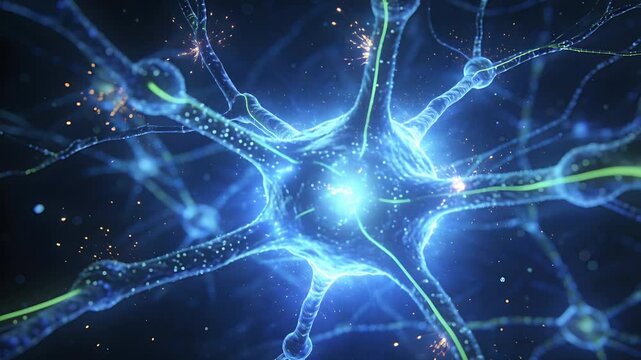Pulsing neuron soma sending green strand pulses with incoming pulses meeting, releasing gold sparks