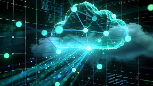 Pulsing cloud mesh sending data streams with node pulses driving network flow in teal HUD grid