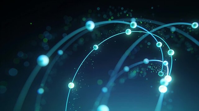 Frames starting, teal spheres moving on curved paths converging right in navy, emitting sparks