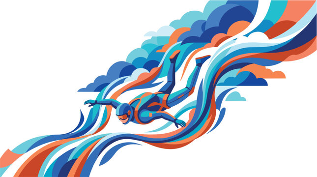 Dynamic illustration of a skydiver in freefall with colorful abstract wind streams.
