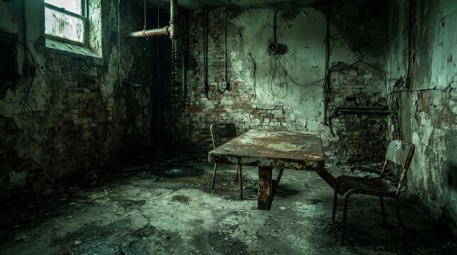 Abandoned Creepy Basement Room with Old Table and Chairs in Derelict Building, Eerie Dark Interior of Haunted House
