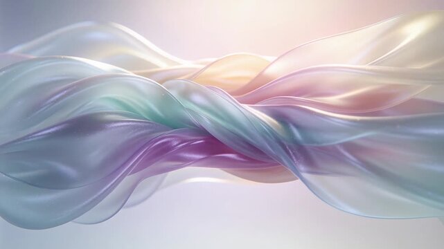 Playback starting, pearlescent ribbons shifting right and twisting into braid in studio pastel glow