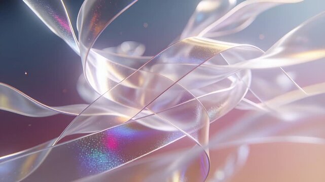 Rotating ribbon cluster reacting to light shift, showing inner spiral and specks in studio backdrop