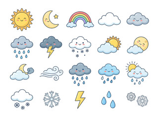 Obraz premium A collection of cute hand drawn weather icons featuring sun moon clouds and rain.