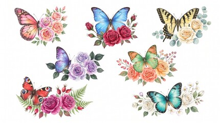Fototapeta premium Watercolor butterflies and roses clipart set isolated on white. Hand-painted beautiful Monarch, Blue Morpho, and Swallowtail insects perched on pink and red floral bouquets. Perfect for spring and wed
