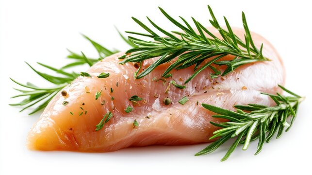 Raw chicken breast seasoned with herbs and spices, ready for cooking. The chicken is plump and juicy, with a light pink hue, and is garnished with fresh rosemary sprigs
