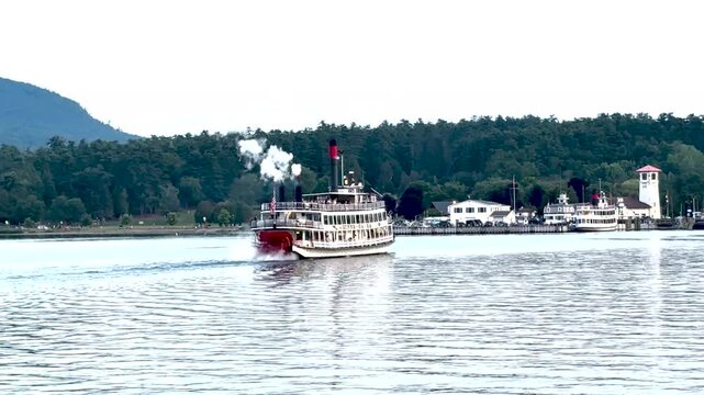 Rear View of steamboat moving across Lake George in New York.