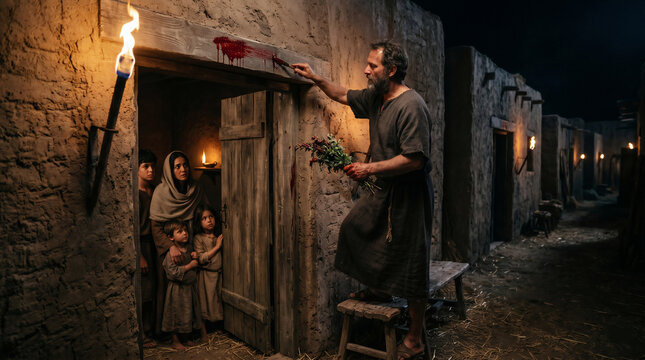 The first Passover in Egypt. An Israelite family painting the blood of a lamb on their wooden doorposts to be spared from the final plague
