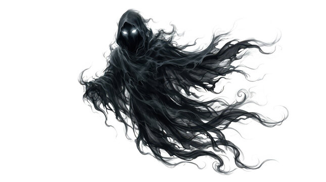 Dark shadowy wraith with glowing eyes and swirling smokelike robes isolated on transparent background