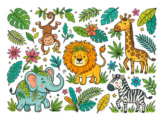 Obraz premium Cute cartoon jungle animals including a lion giraffe elephant monkey and zebra.