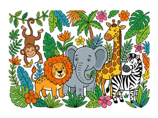 Obraz premium A group of cute cartoon jungle animals including a monkey lion elephant giraffe and zebra.