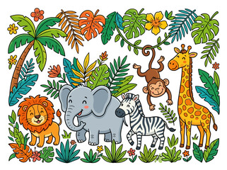 Obraz premium Cute cartoon jungle animals including a lion elephant zebra monkey and giraffe.