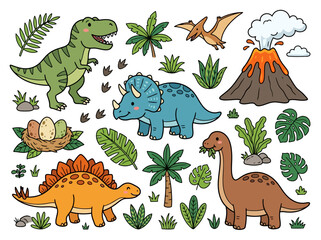 A collection of cute cartoon dinosaurs and prehistoric elements. © atar