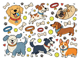 Fototapeta premium A collection of cute cartoon dogs with toys and accessories.