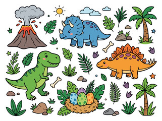 Cute cartoon dinosaur collection with prehistoric elements. © atar