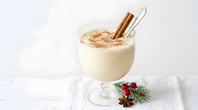 Creamy Eggnog Drink with Cinnamon Stick and Nutmeg