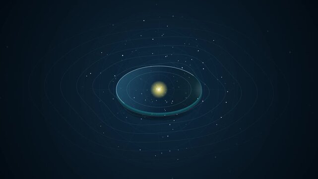 Abstract 3D solar system orbital diagram with glowing central star and concentric gravity rings rotating on dark space background.