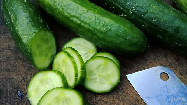 Fresh green cucumbers whole and sliced next to a metal cleaver on a wooden board