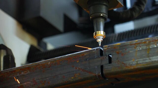 Low angle close view of laser cutting rectangular steel tube with bright sparks and molten particles from fresh diagonal notch in industrial workshop, with laser, cutting, spark, nozzle detail