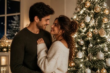Fototapeta premium Young couple embracing and smiling by christmas tree living room