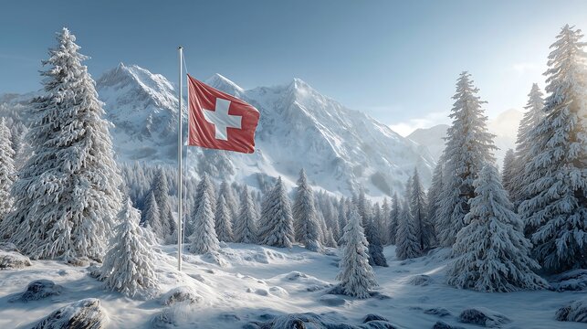 Swiss flag waving in a snowy alpine landscape with snow-covered pine trees and bright winter sunlight, representing national pride, alpine beauty, tourism, and winter adventure.