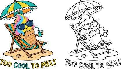 Cute Ice Cream Cone Character Sunbathing on Beach Chair Coloring Page Too Cool To Melt Text Color and B and W © Mehrab
