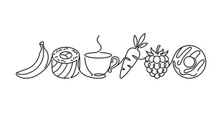 Diverse Food Items Line Art: Banana, Sushi, Coffee, Carrot, Berry, Donut © aef