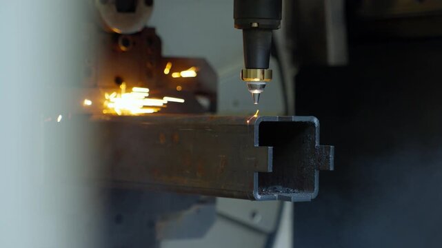 Laser cutting nozzle slicing rectangular steel beam with bright sparks, molten glow, precise metal separation and industrial workshop lighting in close industrial fabrication scene