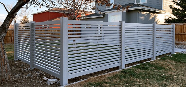 In a quiet suburban backyard, a modern gray composite fence with horizontal slats provides privacy and style.