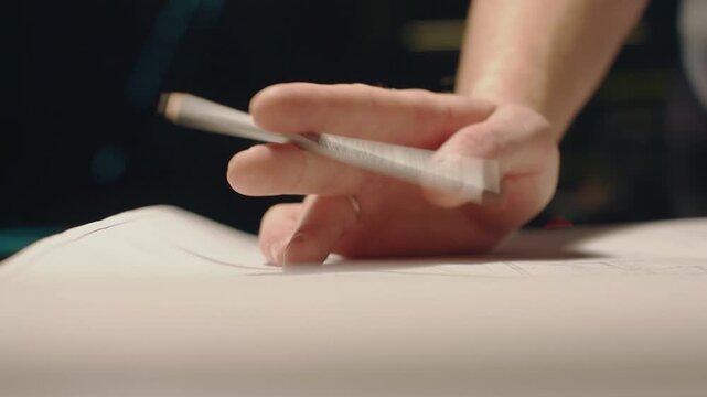 Low side view shows hand, pencil, paper edge in minimal indoor workspace, fingers hovering higher over sketch surface while warm light shapes calm drafting atmosphere, with hand, pencil, paper