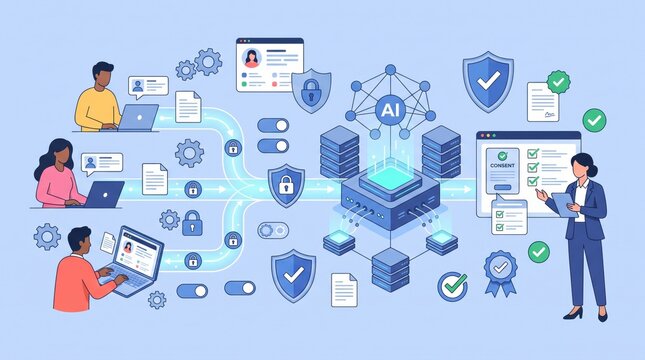 Artificial intelligence server infrastructure and data privacy management concept with office team