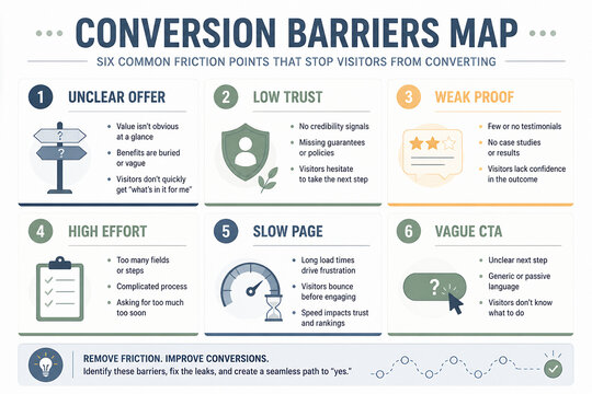 An infographic displays a Conversion Barriers Map detailing six common friction points that prevent website visitors from converting.