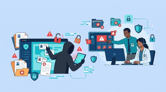 Cyber attack on corporate database with hacker stealing digital files and it security team investigating