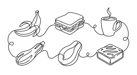 Continuous Line Drawing of Food Items: Banana, Sandwich, Coffee, Zucchini, Melon, Cake © budi