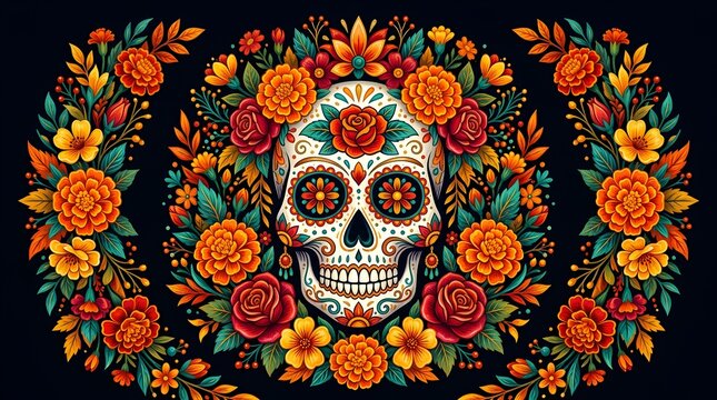 Dia de los muertos sugar skull with vibrant marigold flowers and roses