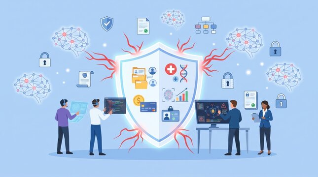 Cybersecurity threat detection and data privacy shield concept with team monitoring network risks