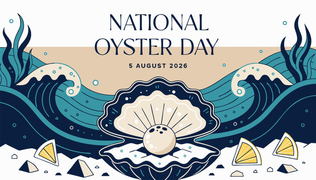 Decorative graphic art celebrating national oyster day with a pearl shell